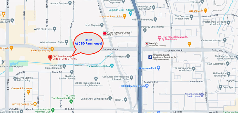 google map of retail location of cbd farmhouse where you can buy delta 8 in austin closer to dallas texas
