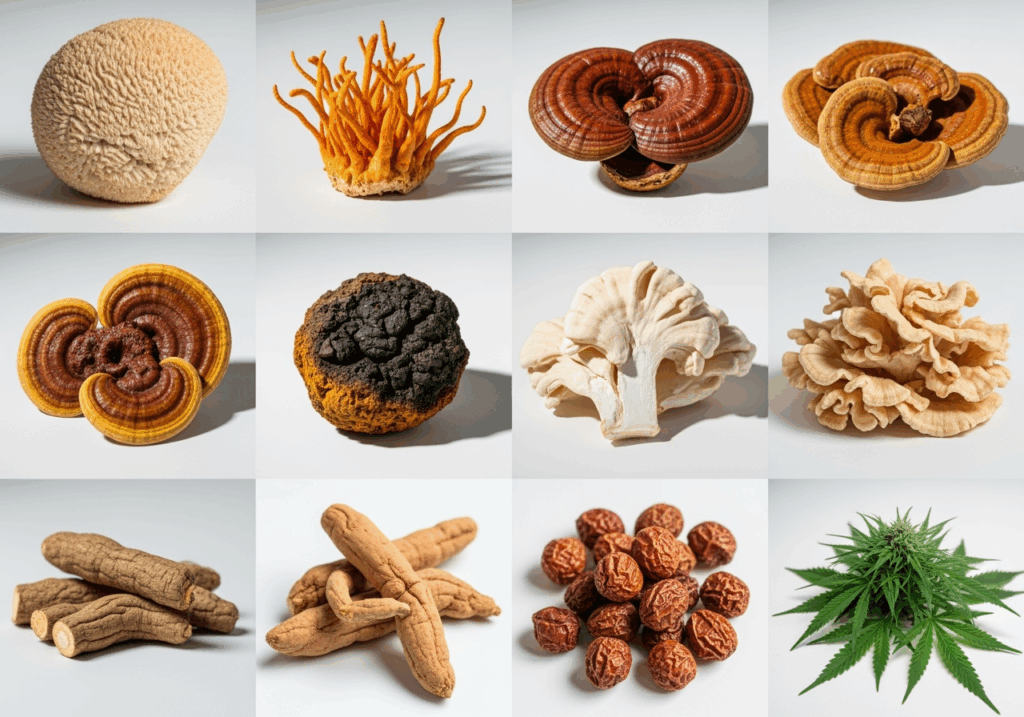 Functional mushroom supplement ingredients: Lion’s Mane, Cordyceps, Reishi, Chaga, Turkey Tail, Agarikon, Ashwagandha, Guarana, and CBD